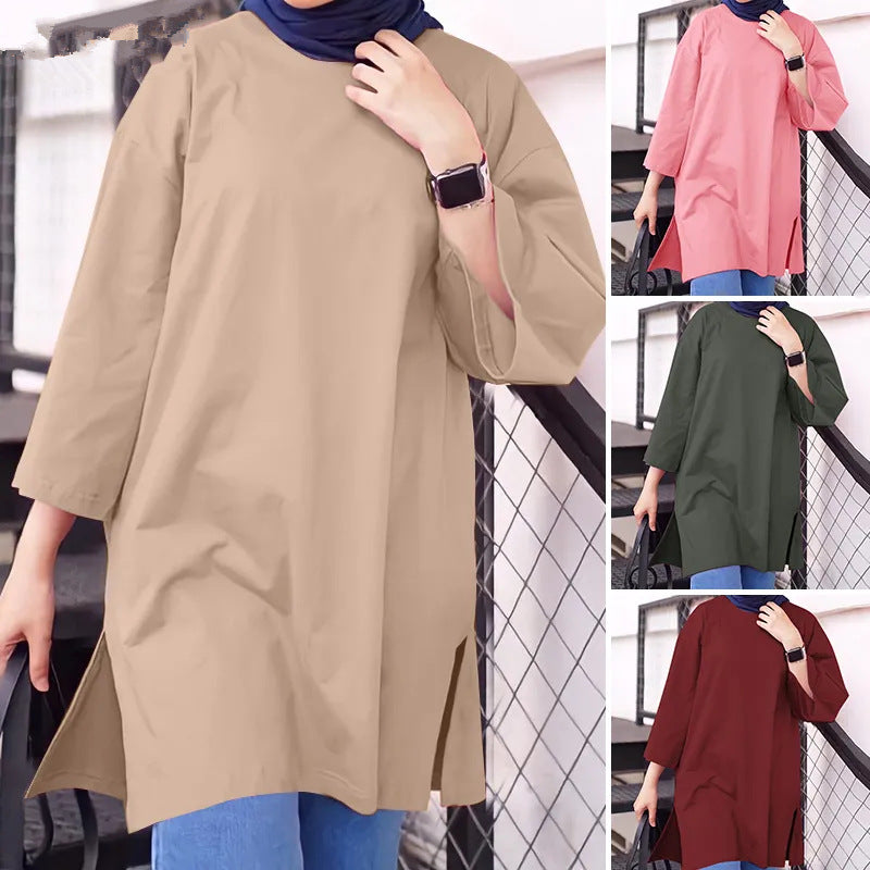 Cotton Long Round Neck Split Sleeve Shirt For Women