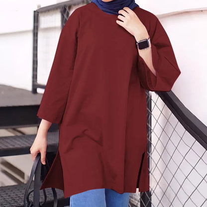 Cotton Long Round Neck Split Sleeve Shirt For Women