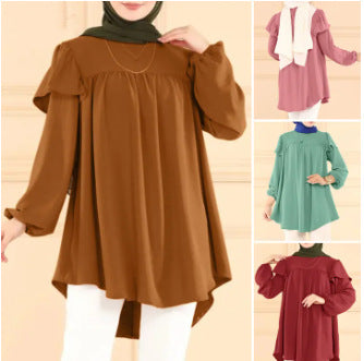 Solid Color Long Sleeve Loose Ruffled Round Neck Shirt For Women