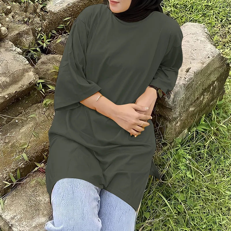 Cotton Long Round Neck Split Sleeve Shirt For Women