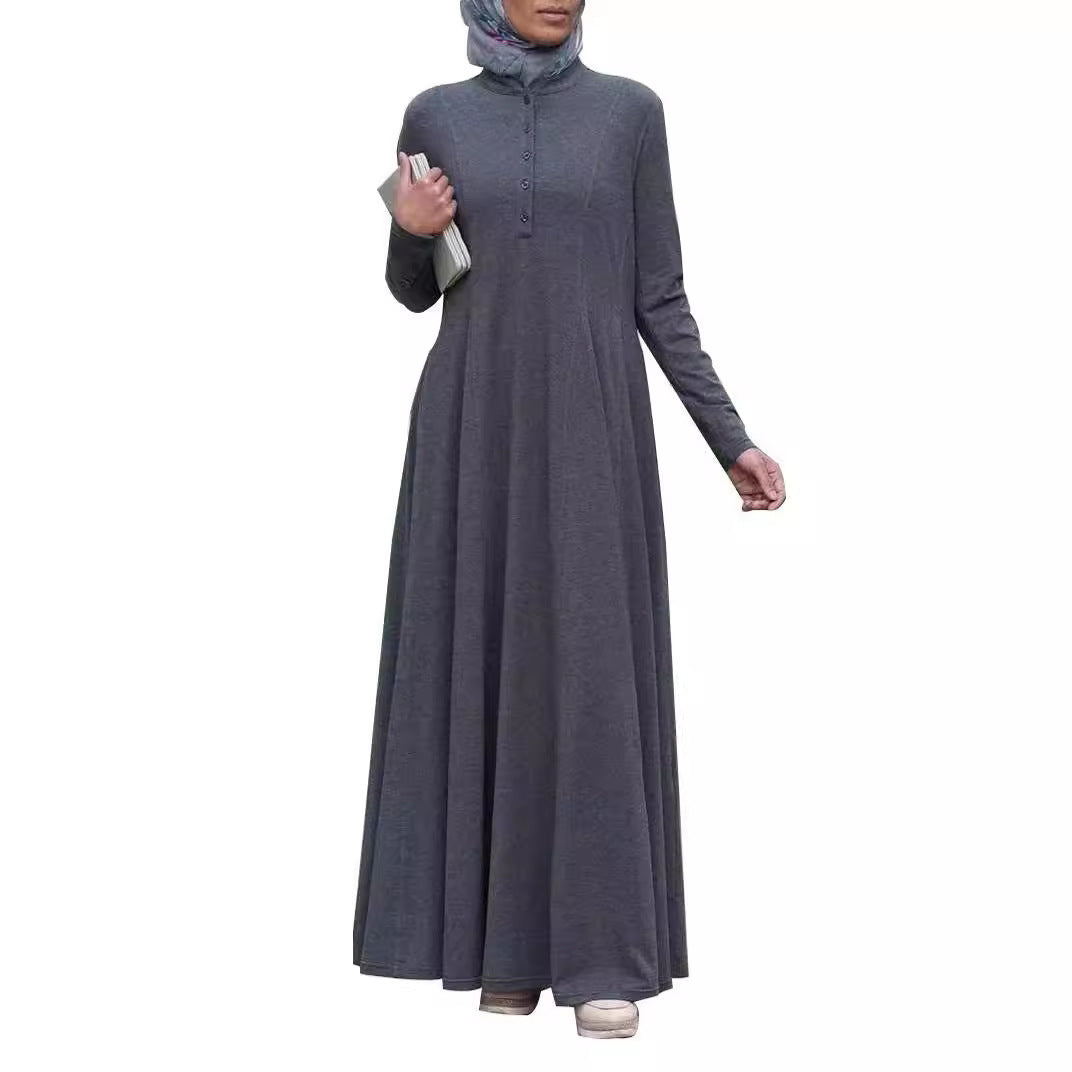 Single-breasted Pullover Long Sleeve Dress Abaya For Women