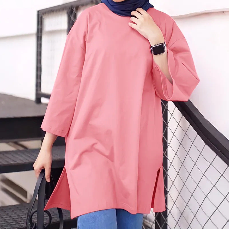 Cotton Long Round Neck Split Sleeve Shirt For Women