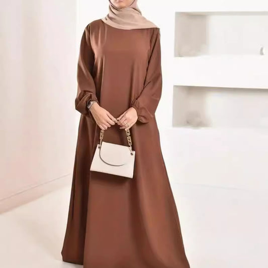 Solid Color Round Neck Long Sleeve Dress For Women