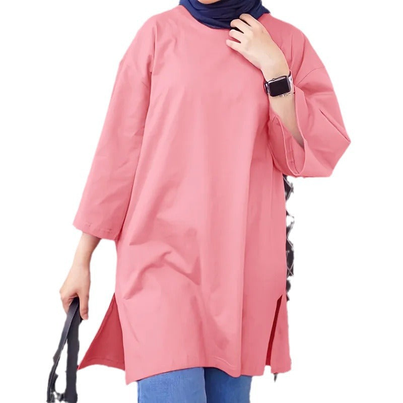 Cotton Long Round Neck Split Sleeve Shirt For Women