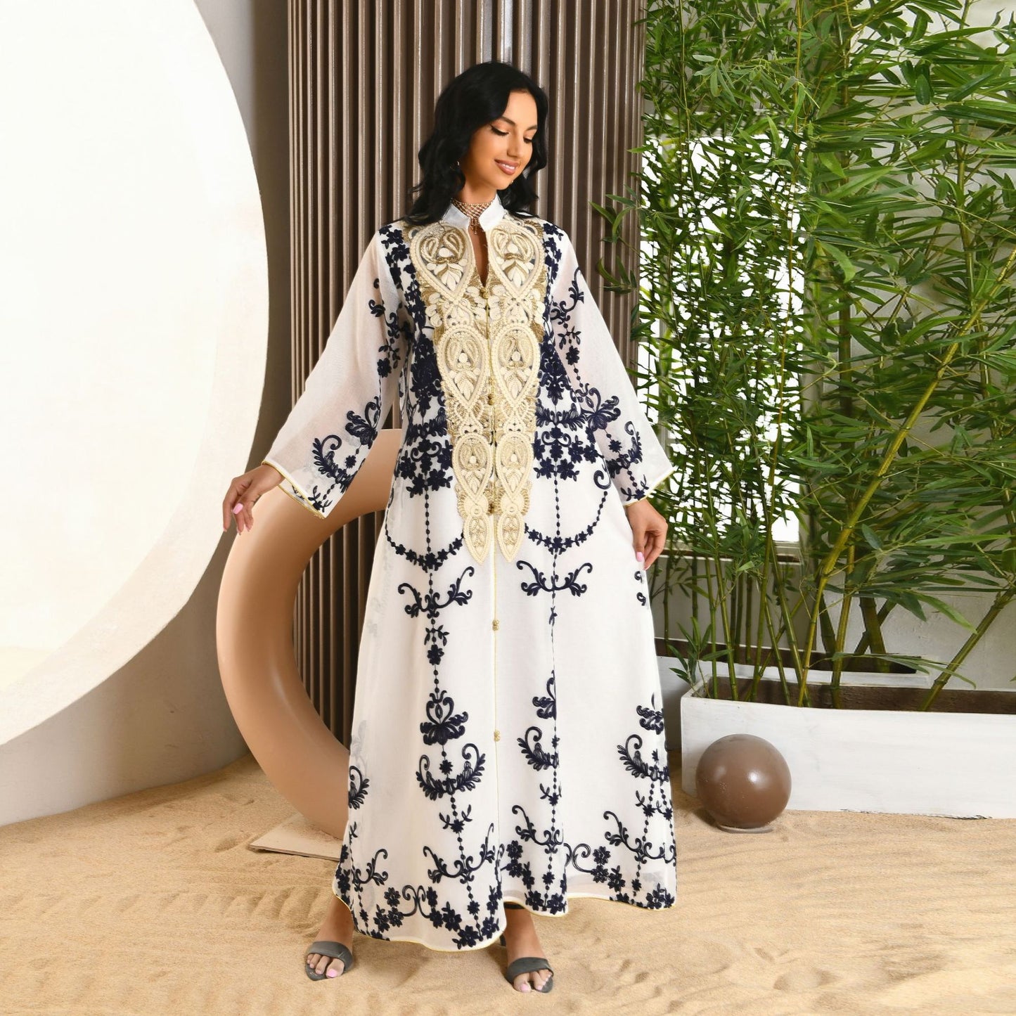 Mesh Embroidery Appliquéd Robe Abaya For Women