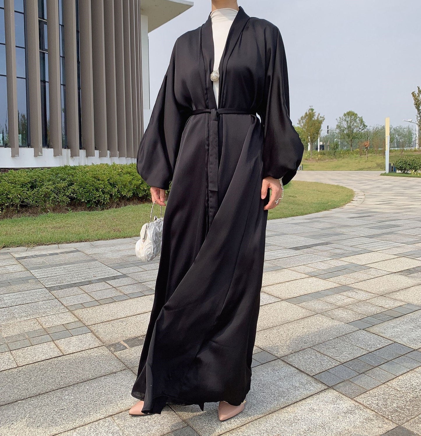 Women Kimono Open Abaya Dubai Imitated Silk Fabric