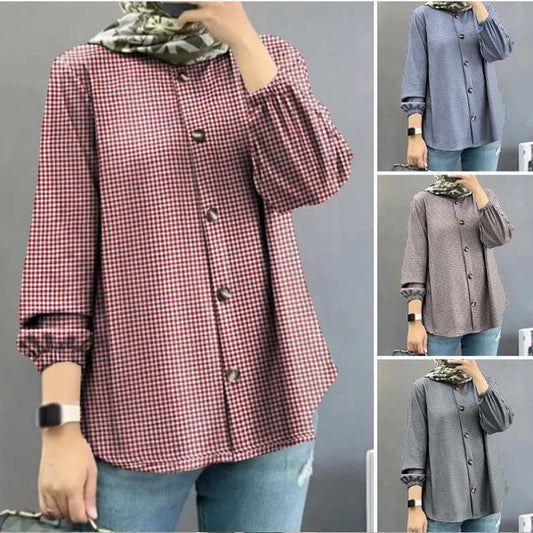 Plaid Print Puff Sleeve Button Shirt For Women