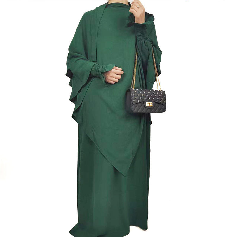 Arabic Solid Color Plus Single-layer Headscarf Two-piece Dress For Women