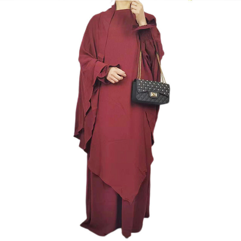 Arabic Solid Color Plus Single-layer Headscarf Two-piece Dress For Women