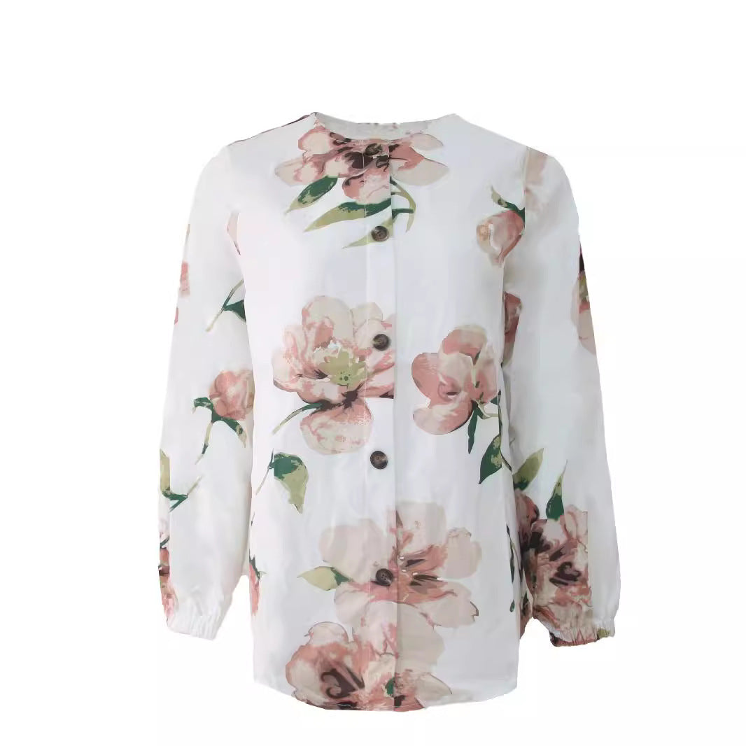 Floral Shirt Robe Fashion Puff Sleeve Shirt For Women