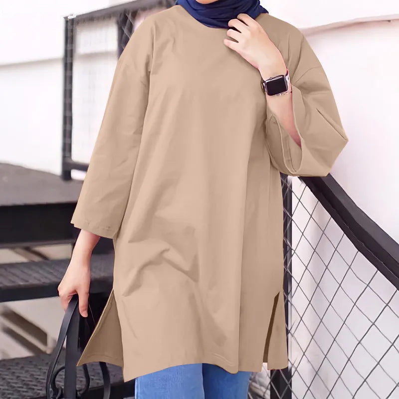 Cotton Long Round Neck Split Sleeve Shirt For Women