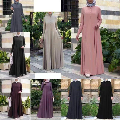 Single-breasted Pullover Long Sleeve Dress Abaya For Women