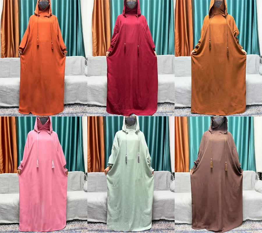 2024 Muslim Cotton Long sleeved Prayer Two piece Hooded Abayas For Women Solid Color Loose Femme Robe African Dubai Islam Dress