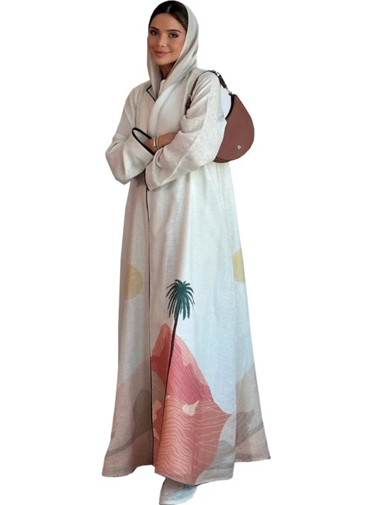 Eid Muslim Party Abaya for Women Ramadan Cardigan Print Casual Long Dress Morocco Kaftan Vestidos Largo Dubai Robe Jalabiya 2024