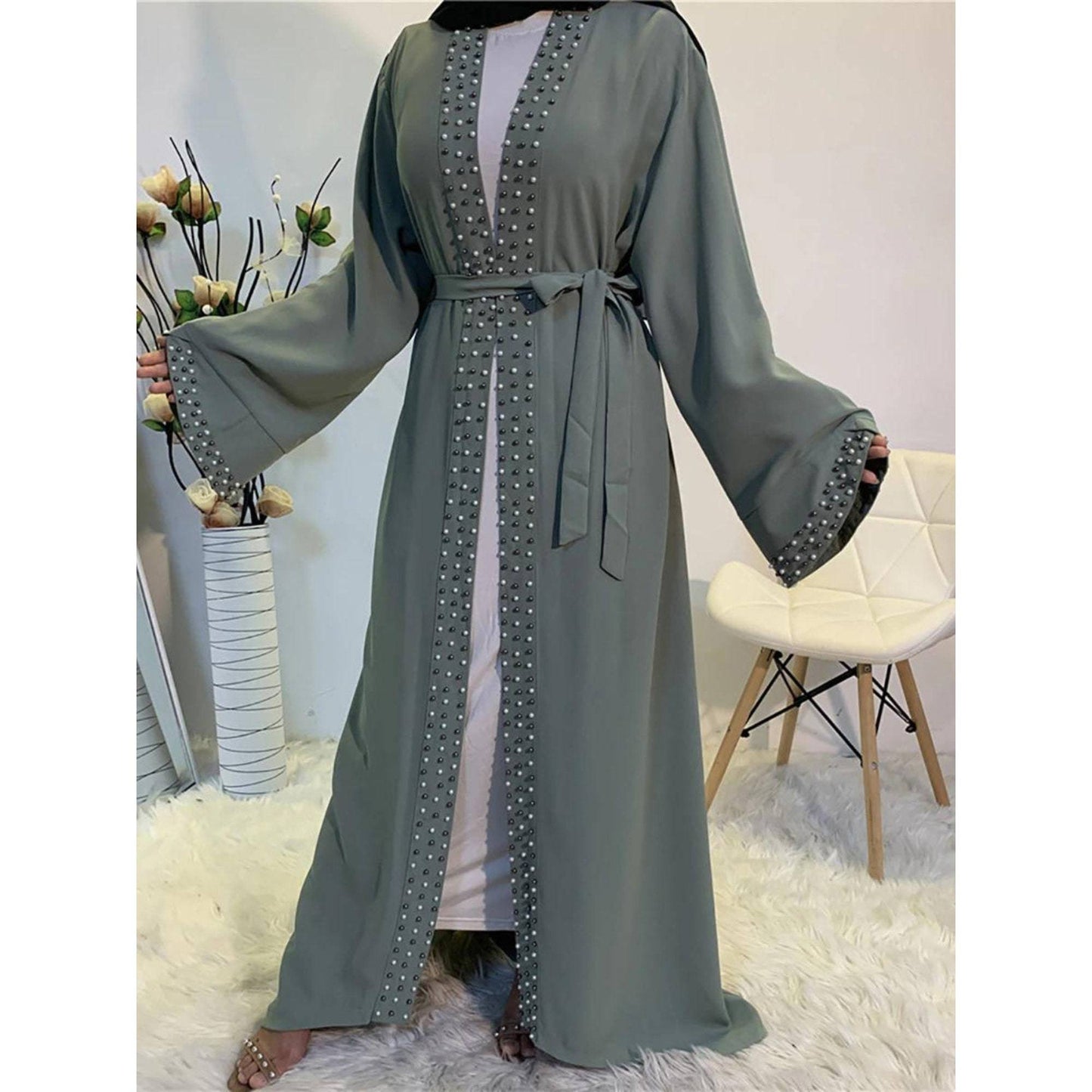 Pure Color Beaded Muslim Lace-Up Dress Abaya