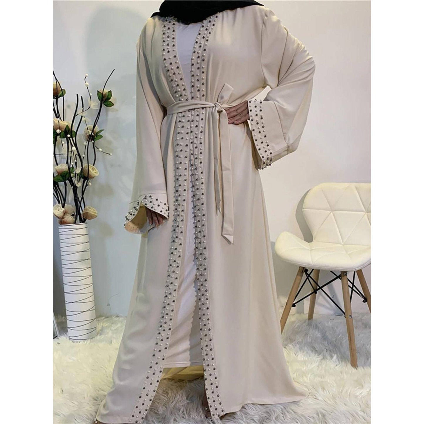 Pure Color Beaded Muslim Lace-Up Dress Abaya