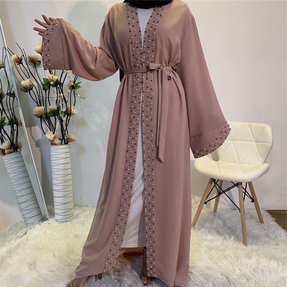 Pure Color Beaded Muslim Lace-Up Dress Abaya