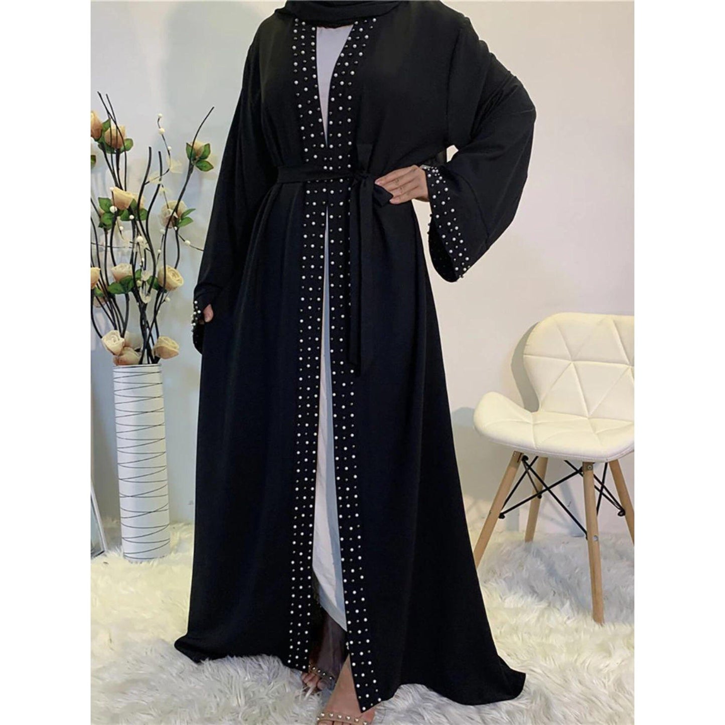 Pure Color Beaded Muslim Lace-Up Dress Abaya